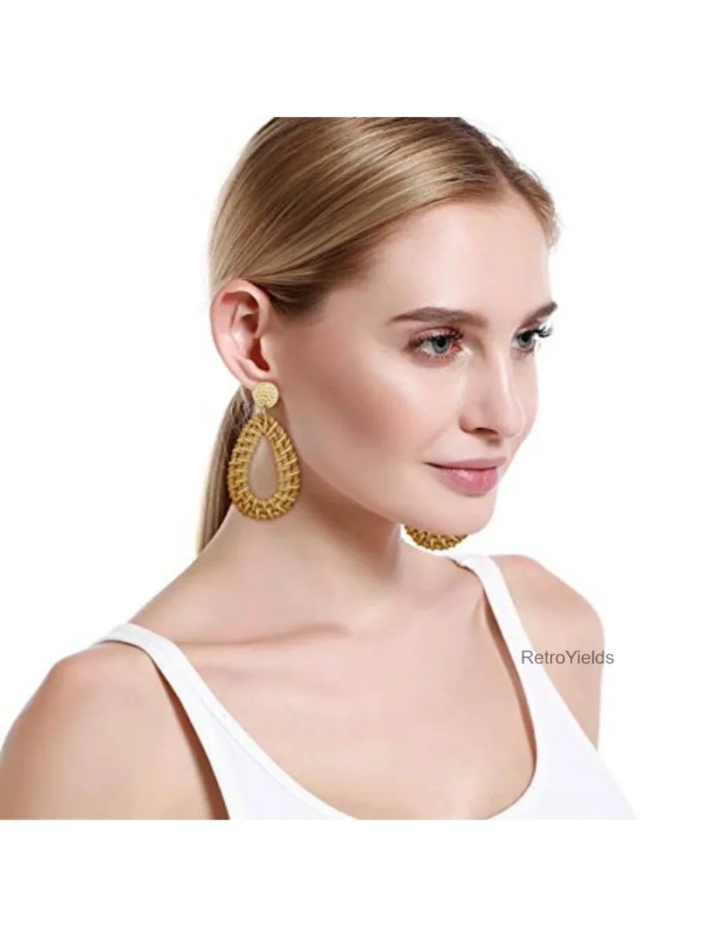 Handmade Raffia Rattan Dangle Earrings Set of 4 Boho Tropical Statement Jewelry